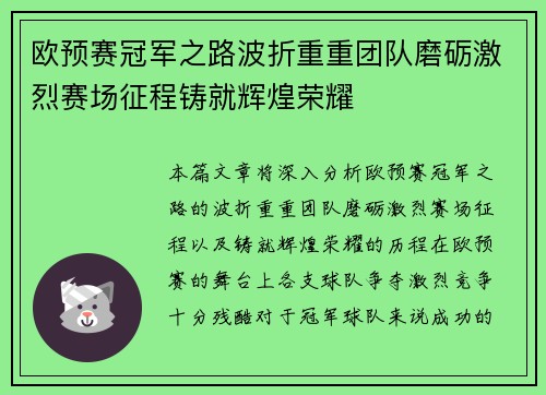 欧预赛冠军之路波折重重团队磨砺激烈赛场征程铸就辉煌荣耀