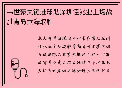 韦世豪关键进球助深圳佳兆业主场战胜青岛黄海取胜