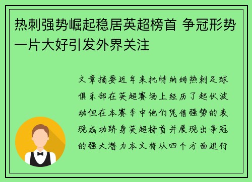 热刺强势崛起稳居英超榜首 争冠形势一片大好引发外界关注