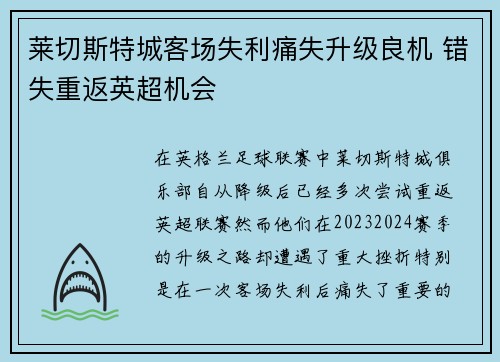 莱切斯特城客场失利痛失升级良机 错失重返英超机会