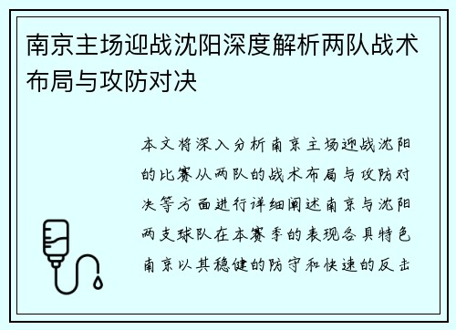 南京主场迎战沈阳深度解析两队战术布局与攻防对决