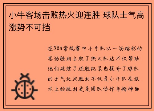 小牛客场击败热火迎连胜 球队士气高涨势不可挡