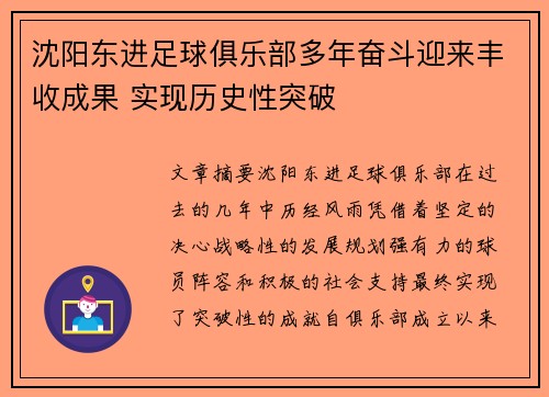 沈阳东进足球俱乐部多年奋斗迎来丰收成果 实现历史性突破