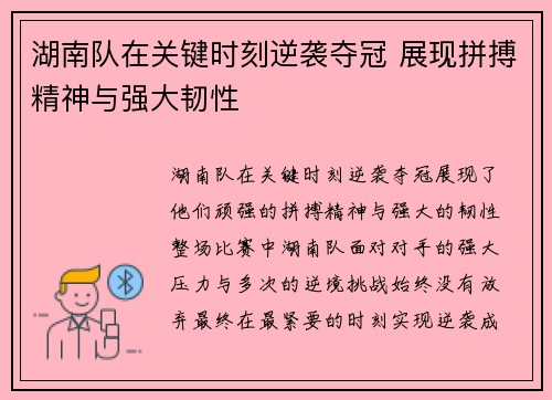 湖南队在关键时刻逆袭夺冠 展现拼搏精神与强大韧性