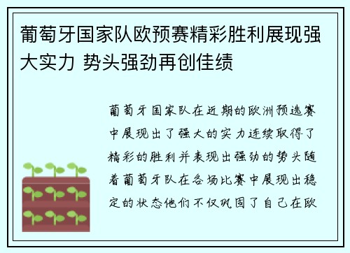 葡萄牙国家队欧预赛精彩胜利展现强大实力 势头强劲再创佳绩