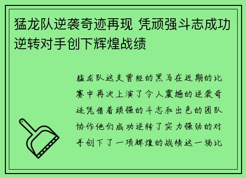 猛龙队逆袭奇迹再现 凭顽强斗志成功逆转对手创下辉煌战绩