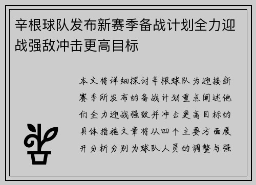 辛根球队发布新赛季备战计划全力迎战强敌冲击更高目标