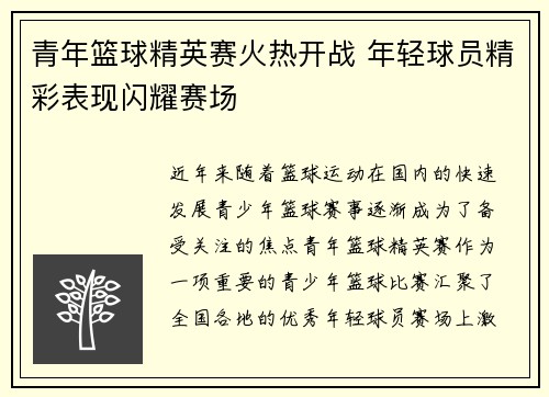 青年篮球精英赛火热开战 年轻球员精彩表现闪耀赛场